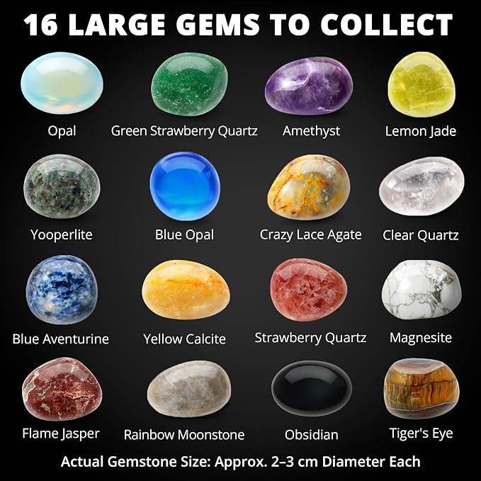 PIBEX Gemstone Collection Kit, 16 Gems & Crystals, Approx. 1-Inch / 2-3 cm | 16 Polished Gems, Amethyst to Opal & Moonstone, Game Cards, Learning Guide, Display Box, STEM Geology Gift for Kids Ages 6+