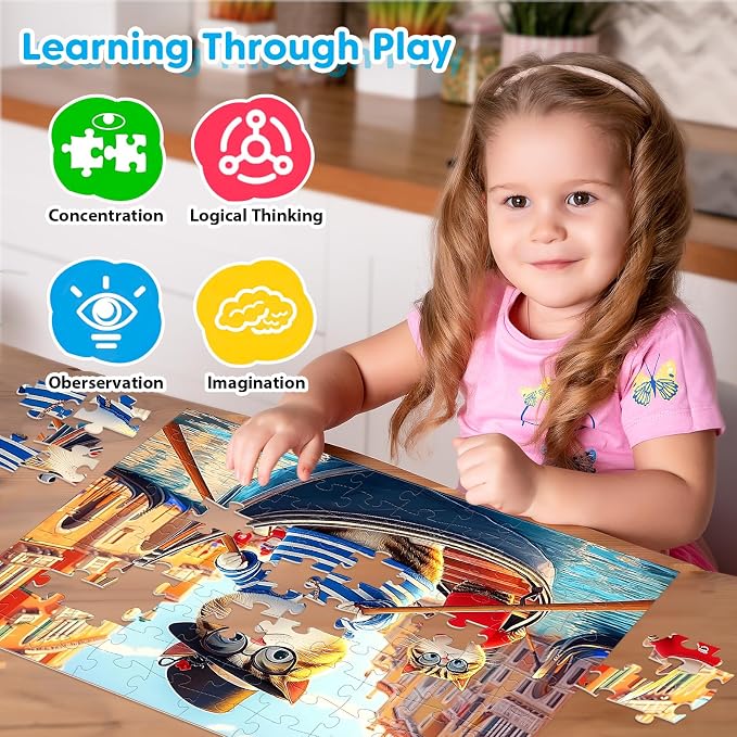 4-Pack 100 Piece Puzzles for Kids Ages 4-6 6-8 8-10 Year Old - Lovely Cats & Bear & Dogs Large Piece Jigsaw Puzzles, Kids Puzzles Learning Educational Toys Christmas Puzzle Gifts for Boys Girls