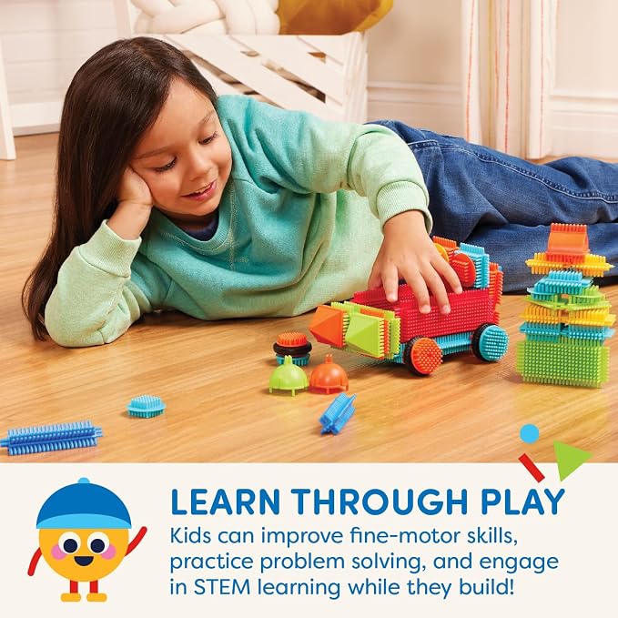 Battat Bristle Blocks Basic Builder Bucket, 50-Piece Building Toys, Playset | Interlocking blocks in bright colors and shapes with wheels for movable builds and easy assembly, 50 Pieces, 2+ Years