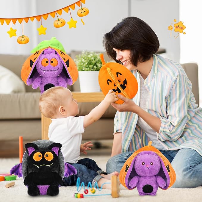 MIAODAM Halloween Pumpkin Bunny Plush,Reversible Bat Stuffed Animal for Kid