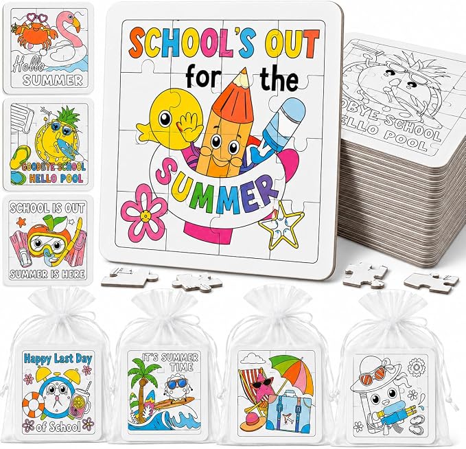 Cinrobiye 24 PCS End of Year Students Gifts Summer Beach Pool Coloring Jigsaw Puzzle Craft Bulk DIY Holiday Graduation Puzzles Craft with Colored Pens for Birthday Last Day of School Party Favor Decor