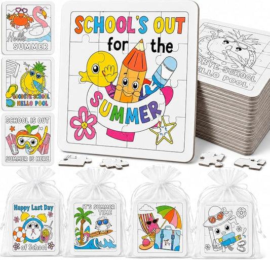 Cinrobiye 24 PCS End of Year Students Gifts Summer Beach Pool Coloring Jigsaw Puzzle Craft Bulk DIY Holiday Graduation Puzzles Craft with Colored Pens for Birthday Last Day of School Party Favor Decor