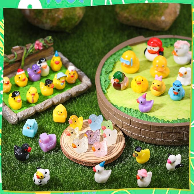 40Pcs Multicolor Mini Resin Ducks, Mini Animals Figures to Hide | Resin Ducks Bulk for Birthday Party Fairy Garden Dollhouse Terrariums Potted (40 Styles)