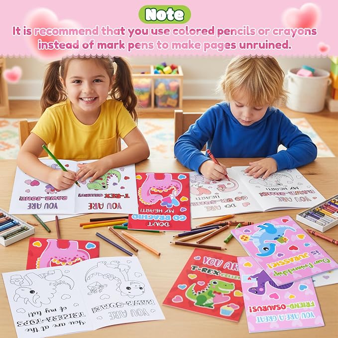 Dvbonike 24Pcs Valentine's Day Dinosaur Coloring Books - DIY Color-in Pages Booklet Bulk Sweet Message Drawing Pattern Party Favor Gifts Home School Classroom Rewards Art Activity Supplies for Kids