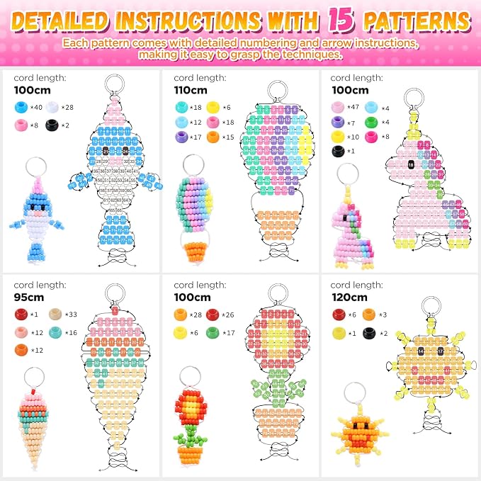 Funtopia Pony Beads Kit for Keychain Making, Mini Pony Bead Pets for Kids | Includes Instructions for 15 Cute Designs and Storage Box, Beginners Kids Craft Kit for Rainy Day Group and Family Activities