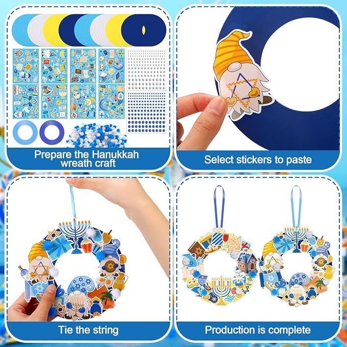 Hollowfly 48 Sets Hanukkah Wreath Craft Kits DIY Menorah Ornaments | Make Your Own with Stickers, For Kids Classroom Party Activities, Hanukkah Themed Hanging Decor, Home Celebration