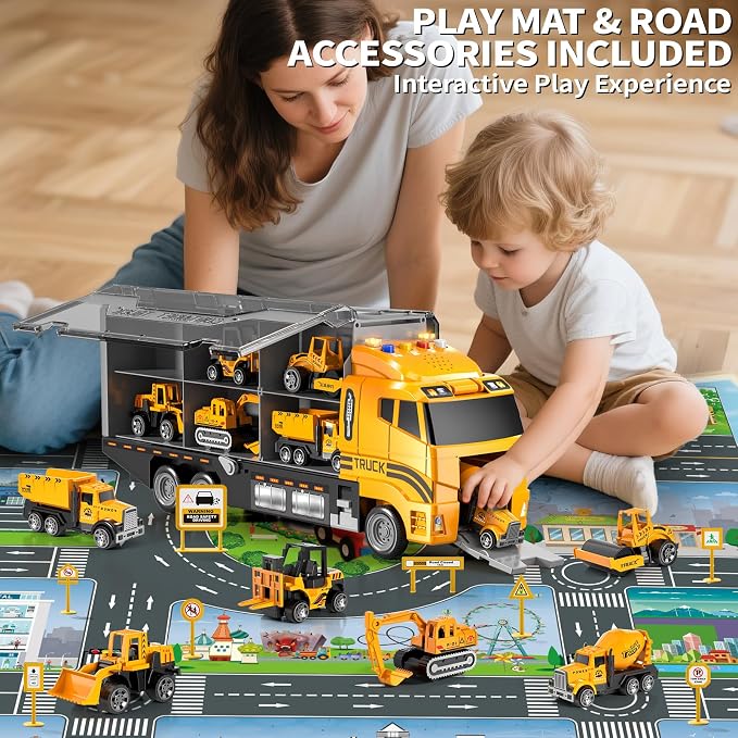 Toddler Boys Construction Truck Toy Set with Play Mat & Die-Cast Toy Cars | Toy Trucks for Boys Age 4-7, Construction Truck for Toddlers 3-5, Trucks for Kids Ages 4-8, Birthday & Christmas Gift for Boy