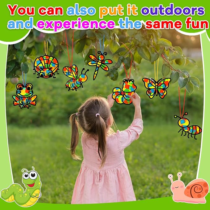 Lonfliness 32 Sets Spring Bug Suncatchers Craft Kit DIY Insect Window Stained Glass Effect Paper Butterfly Bee Home School Classroom Decoration Summer Art Creative Activity Project Gift Favor