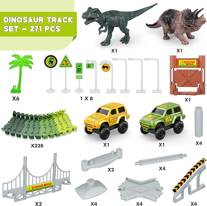 Dinosaur Tracks, 271 PCS Create A Dinosaur World Road Race Kids Boys Toys | Flexible Train Tracks Set with 2 Cool Race Cars, Dinosaur Toys for Age 3 4 5 6 7 8 Year & Up Old Boys Girls Best Gift