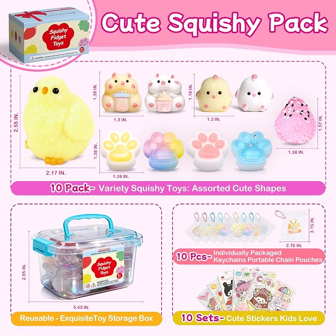 10 Pack Taba Squishy Toys kit with Toy Box-Squeeze Toys Squishy Fun Box | Kawaii Squishies Stress Relief Toys Party Favors for Kids , Squishy Fidget Toys for Kids , Birthday Gifts Toys for Girls 8-10