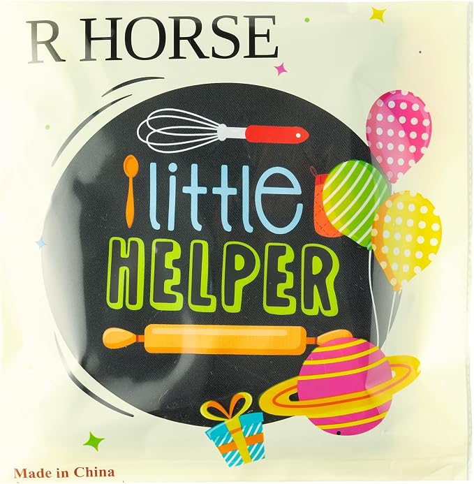 R HORSE 2 Pieces Kid Apron and Chef Hat Set, Dress up Role Play Chef Toy | Black Little Helper Adjustable Kid Kitchen Apron with Pockets, Ideal for Cooking, Baking, Painting, Cooking Birthday Gift