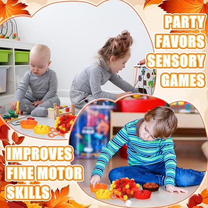 Leitee 71 Pcs Sensory Bin Filler,Orange,Autumn | Hedge Balls Tweezers Clips Cups, Fine Skills Toys Set for Kids Counting Sorting, Sensory Bin Tools Preschool Learning