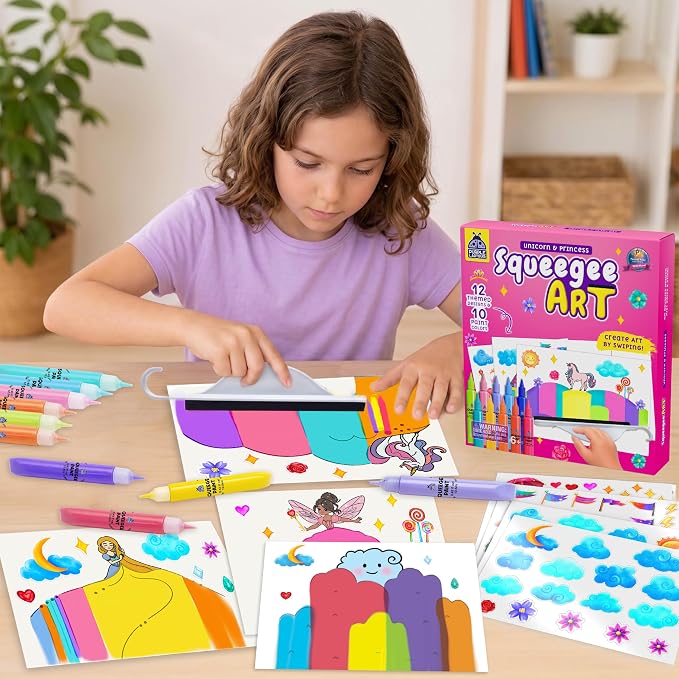 Squeegee Rainbow Squeeze Art Kit for Kids - Princess & Unicorn Design | Kids Stickers Included, Mess Free Paints, Girls Birthday Gifts Age 6-7 8 10, Develops Fine Motor Skills, STEAM Activity