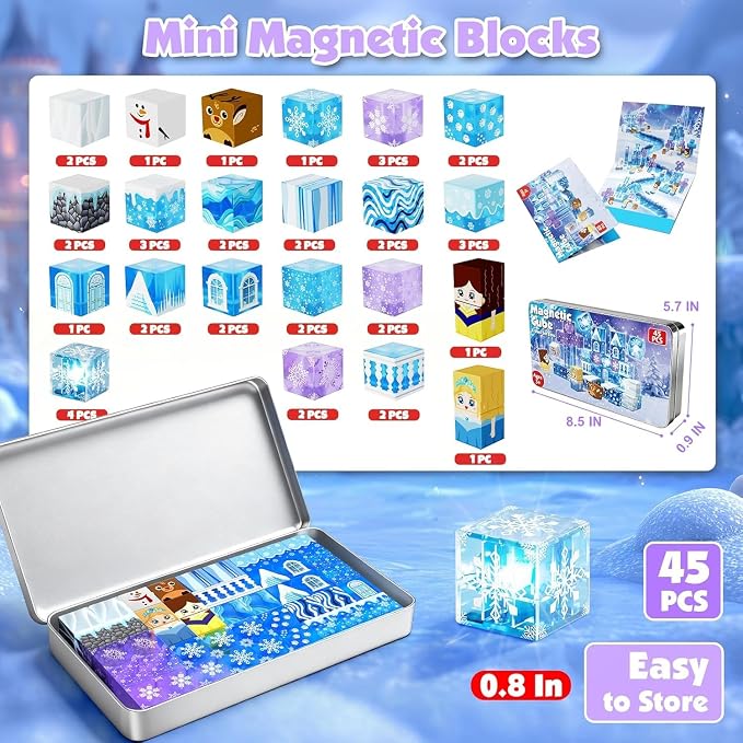 Magnetic Blocks - 45Pcs 0.8in Travel Toys Transparent Magnetic Building Block with Magnetic Tin Box for Kids, Light Up Magnet Block Blue Princess, Princess Toy for Girl 3+ Christmas Birthday Gift