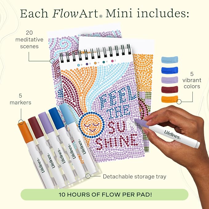 Lifelines FlowArt Mini Activity Pad, 3-Pack - Dot-by-Letter Coloring Books | 15 Double-Sided Markers & 60 Scenes - Guided Art Meditations for Tweens, Adults & Seniors - Dot-by-Letter - Patent-Pending