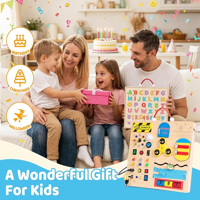 Wooden Busy Board Montessori Toy for Toddlers,Educational Learning Toy for 1 2 3 Year Boys & Girls,Sensory Activity Board with LED Light & Music Boxes, Travel Toys for Kids Birthday Gift