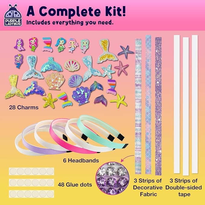 PURPLE LADYBUG Mermaid Headbands for Girls - Great 5 Year Old Girl Gifts, Creative Crafts for Kids Ages 4-8, Arts and Crafts for Kids 4-6, Hair Accessories and Birthday Gifts for Girls Ages 6 7 8 9 10