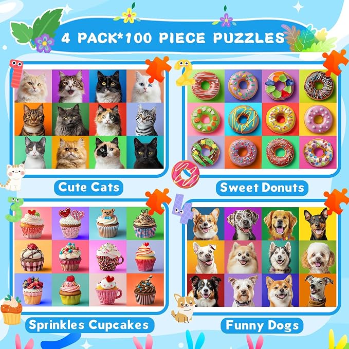 4 Packs 100 Piece Puzzles for Kids Ages 4-6 6-8 8-10, Dogs Cats Cupcakes Donuts Educational Jigsaw Puzzles, Kids Puzzles 4-6 Gifts for Girls Boys