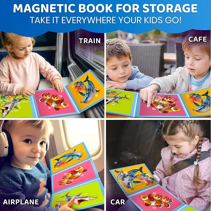 QUOKKA Step Up Magnetic Puzzles for Toddlers 1-3, Ocean Puzzle Set in One Book, Travel Games for Kids 3-5, Screen Free Toy for Toddlers and Preschoolers