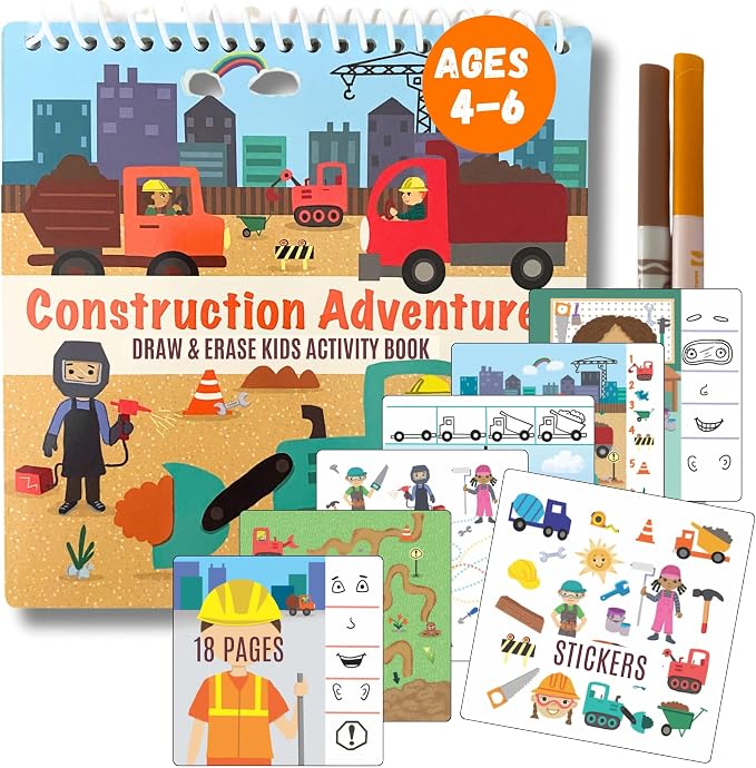 Totebook Dry Erase Activity Book for Kids - 18 Erasable Learning Games with Markers & Reusable Stickers, Travel Activities for Ages 4-6, Fits Case (Construction Theme)