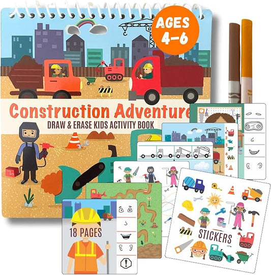 Totebook Dry Erase Activity Book for Kids - 18 Erasable Learning Games with Markers & Reusable Stickers, Travel Activities for Ages 4-6, Fits Case (Construction Theme)