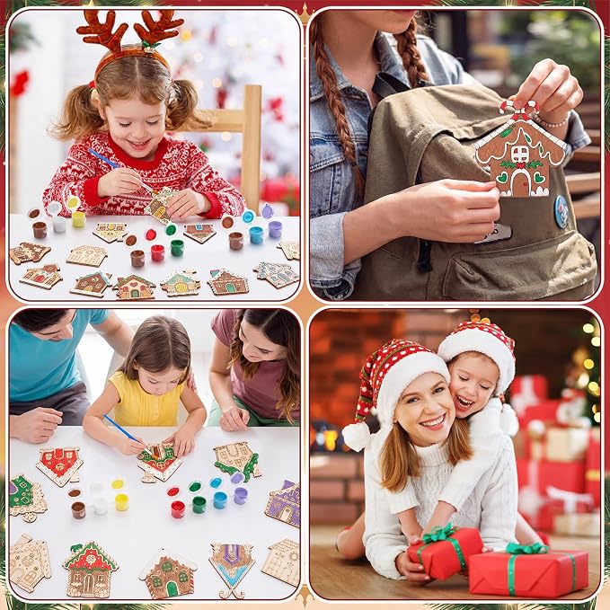 Saypacck 24 Pcs Gingerbread House Party Favors Wooden Paint Craft Kits | 8 Christmas Gingerbread House Crafts, Paintbrush Organza Bags, Christmas Stocking Stuffer Gifts