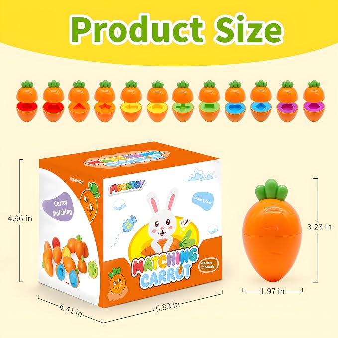 MOONTOY 12PCS Kids Carrot Matching Eggs Easter Toys for 18M+ Year Old | Preschool Matching Eggs, Educational Shape Sorter Montessori Sensory, Easter Gifts for Kids Boys Girls Easter Basket Stuffers