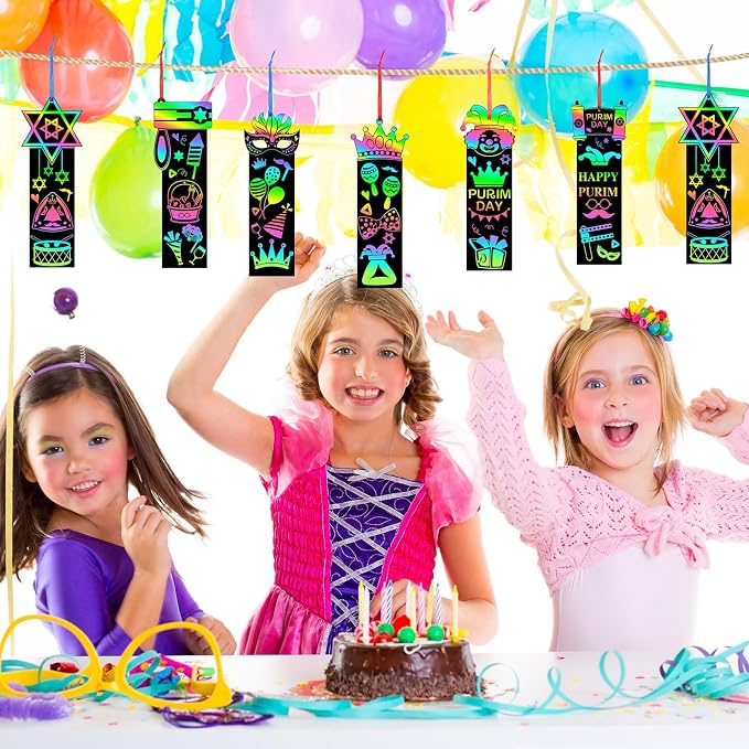 JUNEBRUSHS 30Pcs Purim Scratch Bookmarks for Students Classroom Activity | Six Purim Festival Patterns,Magical Rainbow Scratch Effect,Thick Durable Tear-Resistant Paper,Multi Festive DIY Ornaments