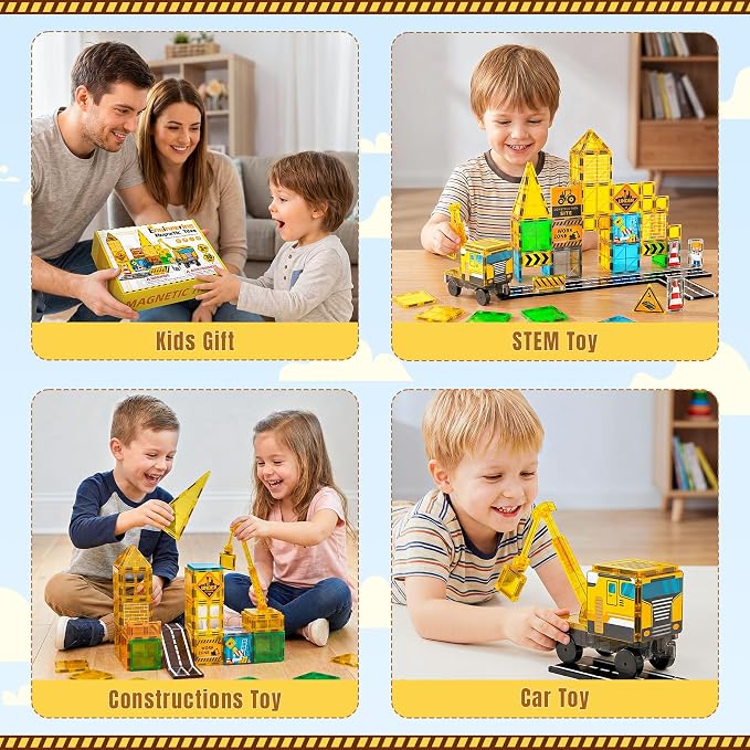 SKTMYY Magnetic Tiles for Kids, Construction Toys with Crane Road Truck | Magnets Building Blocks, Ages 3-5 4-8, Montessori Preschool Educational, STEM Toy, Birthday Gift for 3+ Years Old Boys