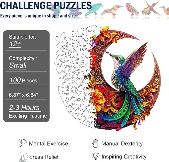 Unique Wooden Puzzles for Adults, Hummingbird Puzzle 100 Pieces 6.9" x 6.8", Animal Shaped Wood Puzzles Adult, Wooden Jigsaw Puzzles for Adults, Family Games for Kids and Adults