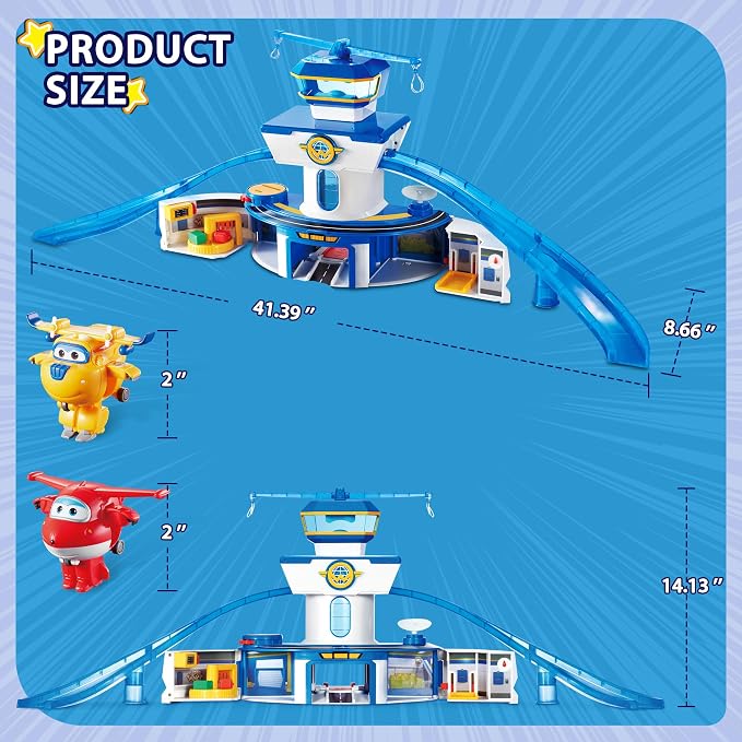 Super Wings World Airport Playset, Includes 2" Transform-a-Bot Jett and Donnie Figures, Preschool Educational Learning Toys for Boys and Girls Age 3 4 5 6, Birthday Gifts for Kids