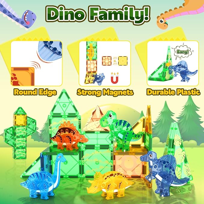 Dinosaur Toys Magnetic Tiles 3D Movable Dinos for Kids 3-5 5-7 Toddler Toy | Outdoor Sensory Toys with 5 Popular Dynamic Dinosaurs, STEM Educational Magnetic Blocks for 3+ Years Old Girls Kids Boys Toys