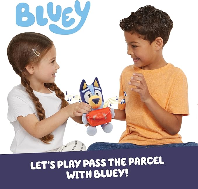 Bluey Pass the Parcel Musical Game, Soft 8" (20cm) Plush, Game for Kids | Huggable fun family game, children's party game or preschool game, three interactive kids games to play, including hot botato