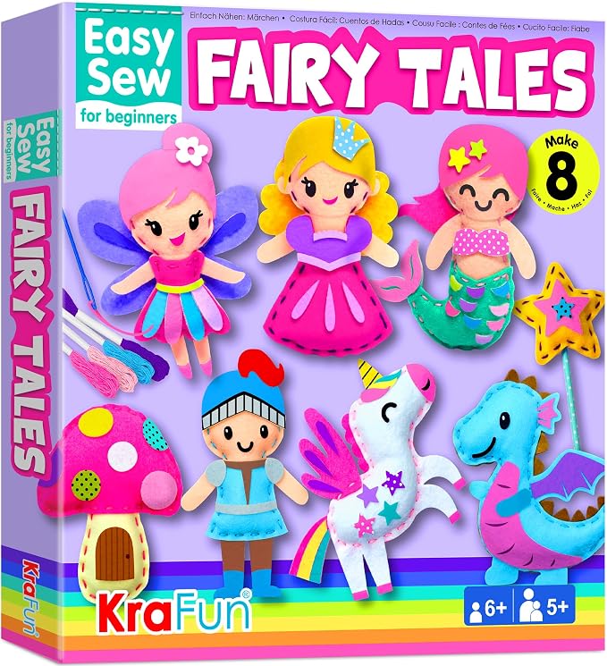 KRAFUN Fairy Tales Sewing Kit for Kids Ages 5-10 | 8 Projects | Sew 8 felt plush fairy tale toys with pre-punched holes. Beginner craft for girls. Educational gift ages 5-10
