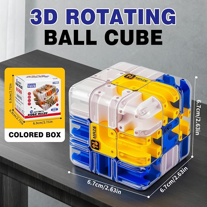 3D Maze Cube Ball Puzzle Brain Teaser for Adults & Kids, Educational Learning Toys Logical Thinking, Family Board Games Tabletop, Durable Puzzle Cube (White&Blue&Yellow, 2.7x2.7x2.7)
