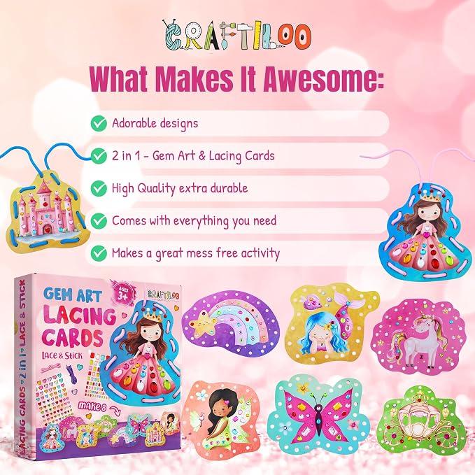 Lacing Cards for Kids Ages 3-5 - 8 Princess Sewing Cards, Toddler Toy