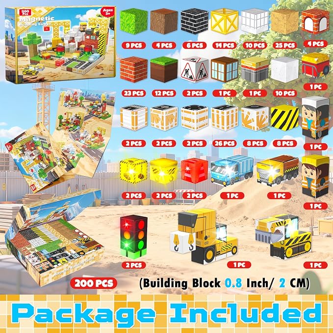 ToyUnited 200PCS Light Up Magnetic Blocks - Magnet Building Blocks, Stacking Magent Cubes Construction Theme, STEM Montessori Sensory Educational Birthday Gifts Toys for Kids Boys Girls Ages 3-12