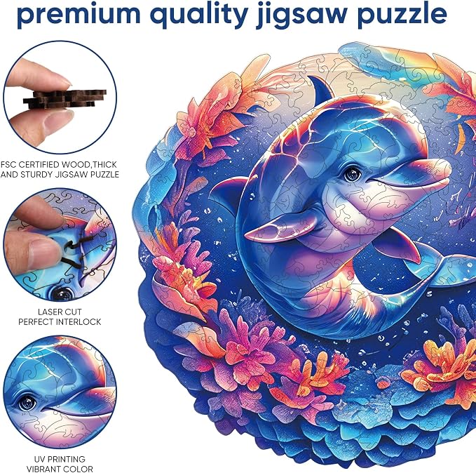 Qiuenisray Wooden Puzzles for Adult, Dolphin Baby Jigsaw Puzzles 200 Pieces | FSC Certified Unique Ocean Adult Puzzles, Wood Puzzles Creative Gift for Family Game 11.2x11.2 in