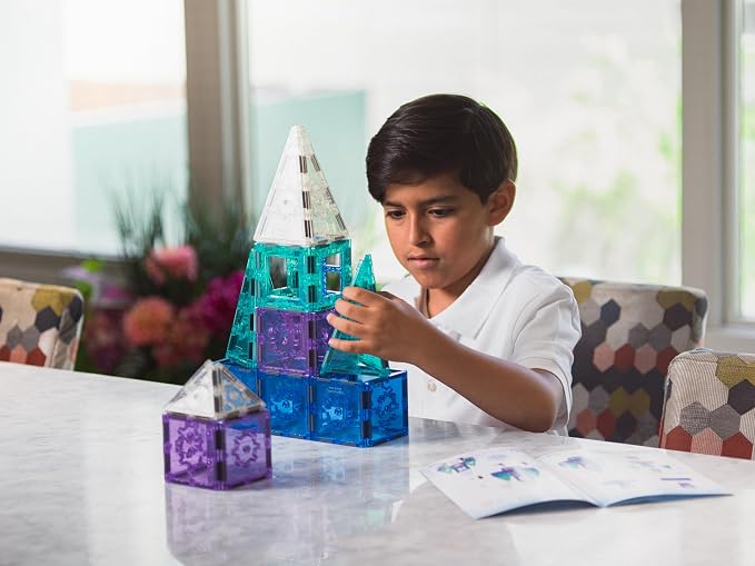 Tytan Toys Disney Frozen Magnetic Tiles Princess Castle - 68-Piece STEAM Building Set with Glitter Tiles & Elsa, Anna, Olaf Stickers - Educational Frozen Toys for Girls Age 3-4+