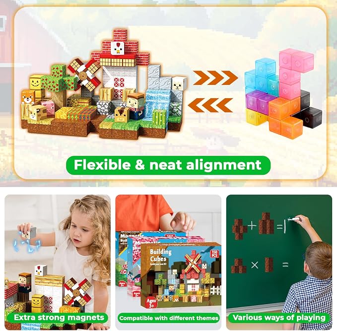 150 PCS Magnetic Blocks - Farm Animals Magnetic Building Blocks, Stacking Magnet Cubes for Kids, Magnetic Construction Toy for Boy Girl, STEM Montessori Sensory Toy for Ages 3-12 Birthday Gift