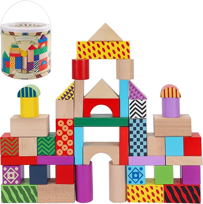Offelec 50 Pcs Wooden Building Blocks Set with Storage Bucket, Montessori Stacking Blocks & Shape Sorting Toys for Toddlers, Preschool Learning Toys for Boys & Girls, Kids Brightly Colored Blocks