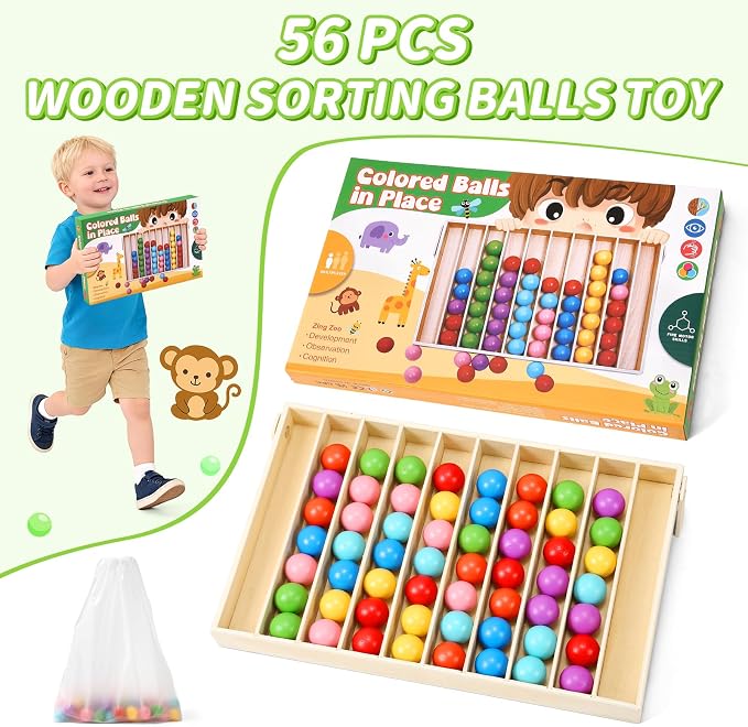 56 PCS Wooden Color Sorting Balls Toy with Storage Box | puzzle colorful ball sorting game, rainbow sensory color matching & return game for kids ages 3+
