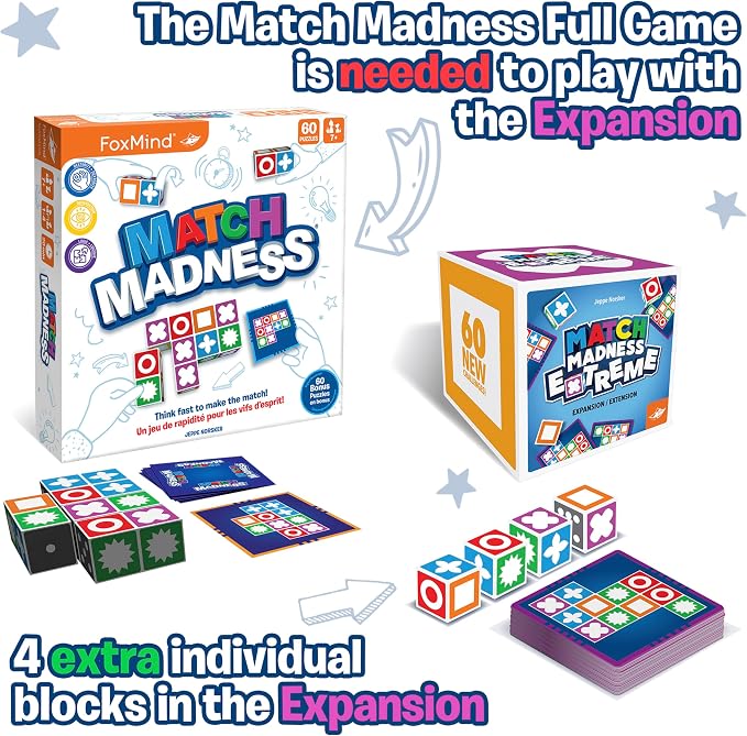 FoxMind Games: Expansion Pack -Match Madness Extreme Used with Original Match Madness Pattern Matching Puzzle Game, 60 New Challenge Cards, Fast-Paced up to 4 Players, Ages 7 and up