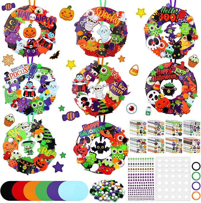 Hollowfly 48 Sets Halloween DIY Wreath Craft Kits Trick-or-Treat Party Activities