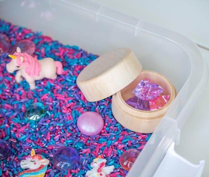 Unicorn Sensory Bin Kit for Kids | Pink, Purple & Blue Rice, Unicorn Figurines & Charms, Crystals & Wooden Tools – Includes Clear Storage Bin
