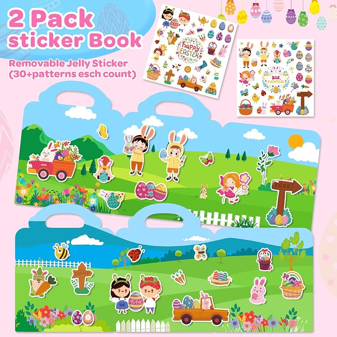 2 Pack Easter Reusable Sticker Books for Kids 2-4, Activities Books for Toddlers 1-3, Arts and Crafts Removable Jelly Stickers for Girls Boys, Travel Toys Holiday Gifts Easter Basket Stuffers