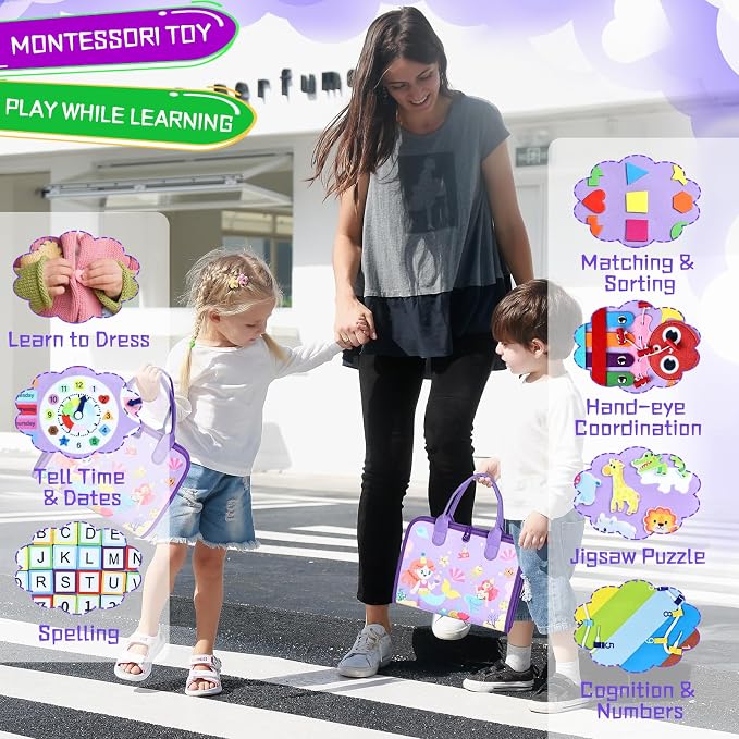 Esjay Busy Board Montessori Toys for Girls, Sensory Book Educational Activities Learning Fine Motor Skills, Birthday Gifts for Girls, Travel Toys for Airplane Car, Purple Multipages