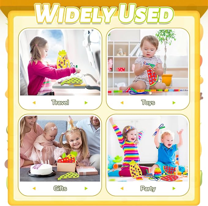 Woozettn 4 Pack Wooden Lacing Threading Toys, Fine Motor Skills Educational Puzzles, Wooden Fruit Threading Set Sorting & Stacking Toy for Toddlers Kids Ages 3–5