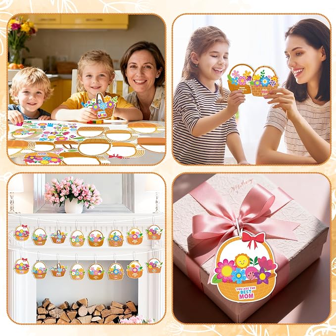 BeYumi Mother's Day Craft Kit - 123Pcs Mother's Day Flowers Basket Paper Craft Kit DIY Best Mom Ever Hanging Ornament Make Your Own School Classroom Decoration Home Family Party Art Supplies for Kids