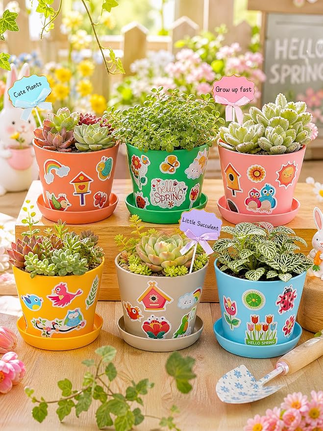 Cosweet 36 Pack Durable Resin Garden Pot Craft Kit for Kids | Colorful Flower Plant Crafts with Trays, Stickers & Blank Labels, Art Activities for Classroom School Home DIY Gifts 4+ years